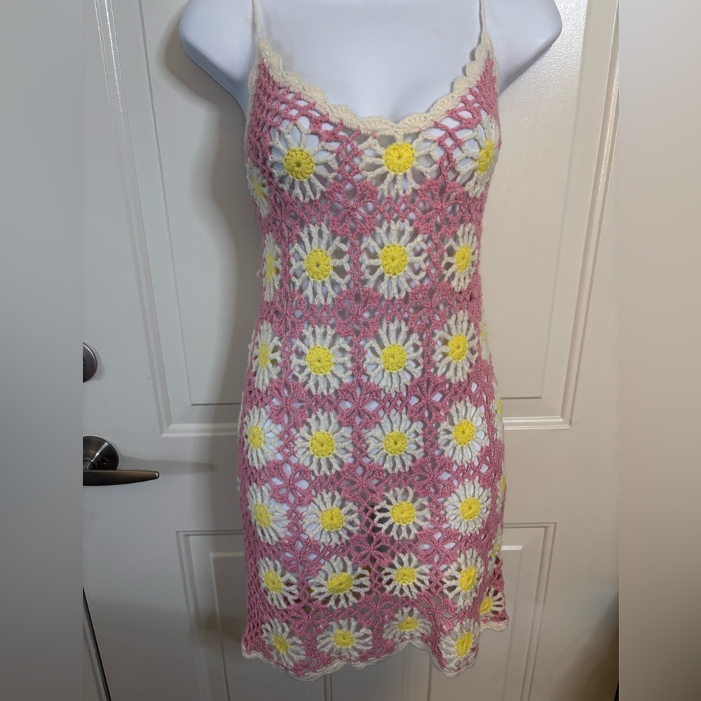 Daisy street Colorful pink flower Crochet Bikini Coverup Dress Us L Uk 12